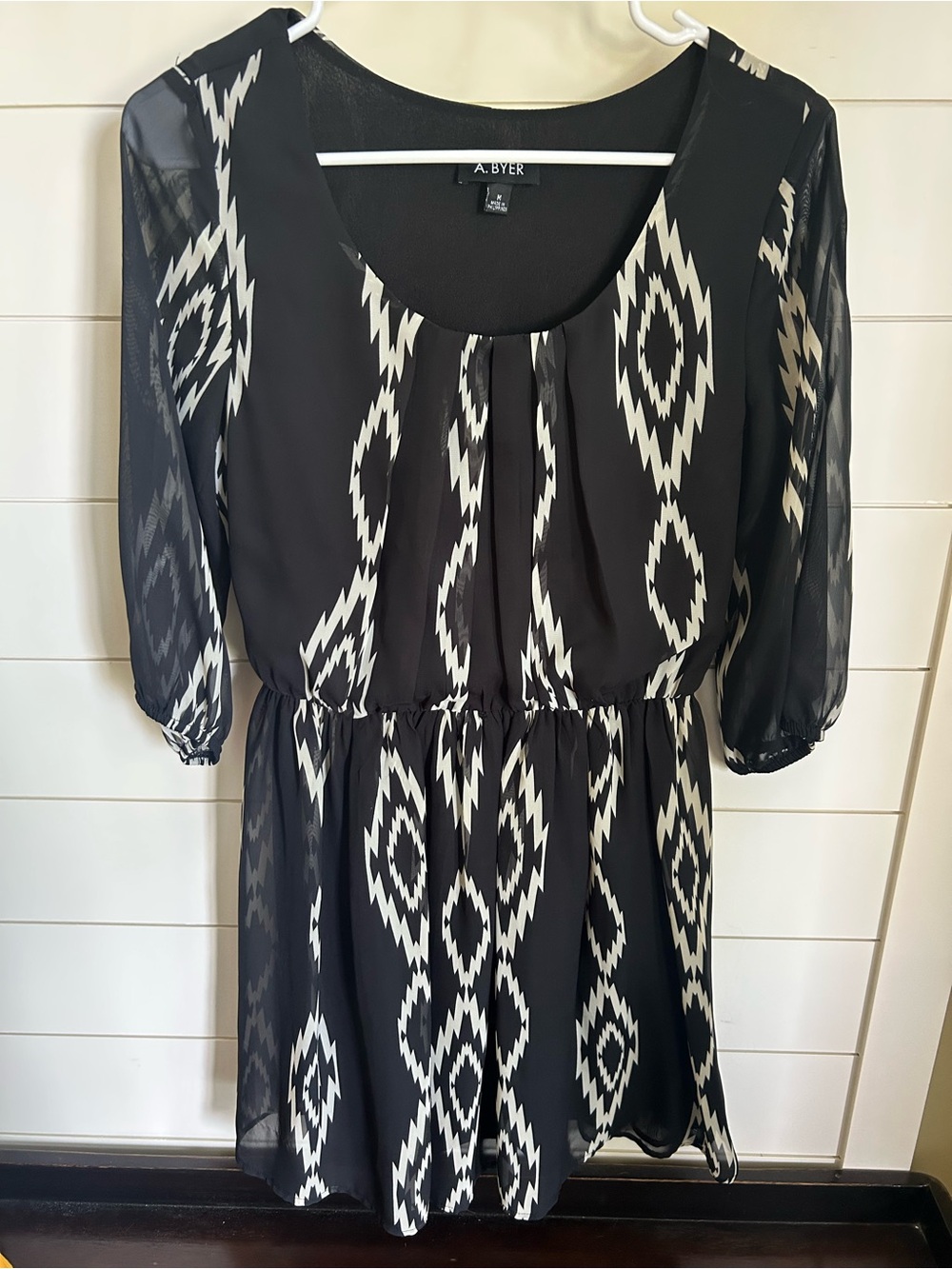 A. Byer Black and Cream Geometric Long-Sleeve Dress